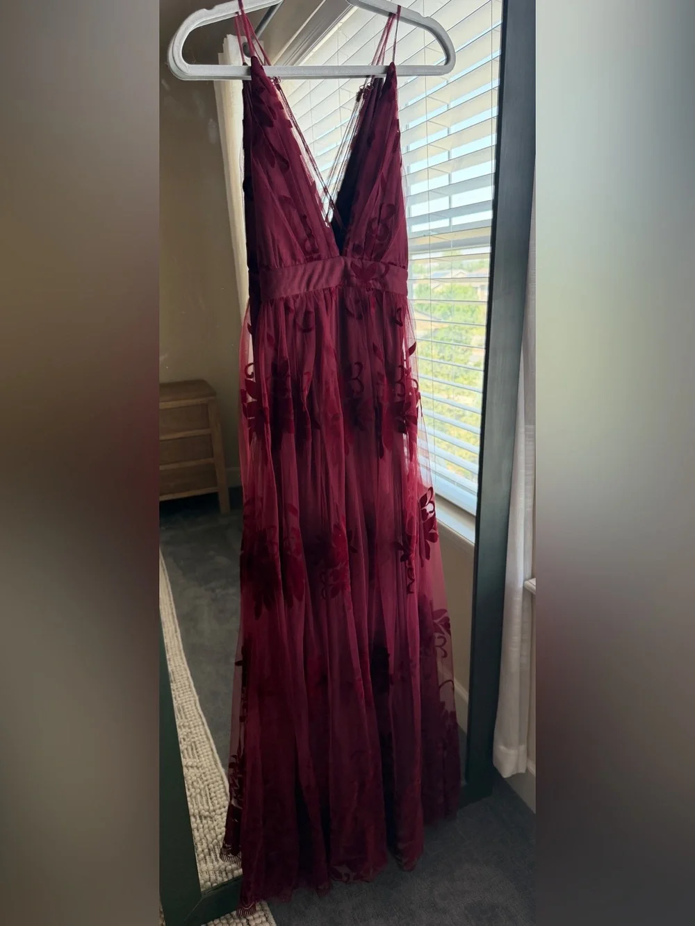 Windsor Burgundy Flocked Velvet Floral Tulle Maxi Gown Dress